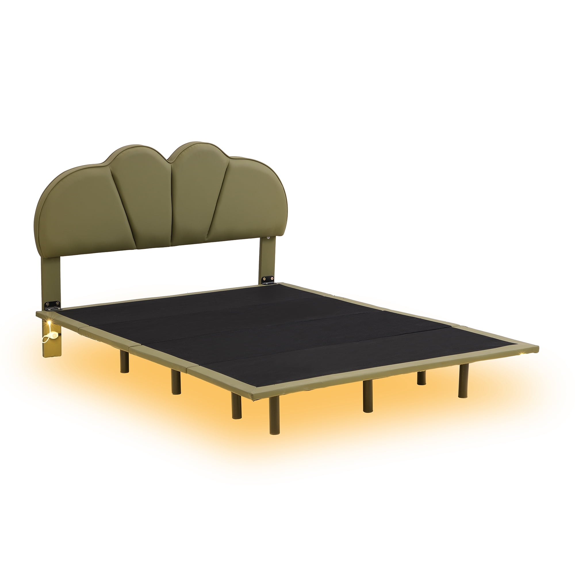 Euroco Full Size Upholstery Floating Bed with LED Lights, PU Leather Headboard Platform Bed for Kids Teens Adults, Green