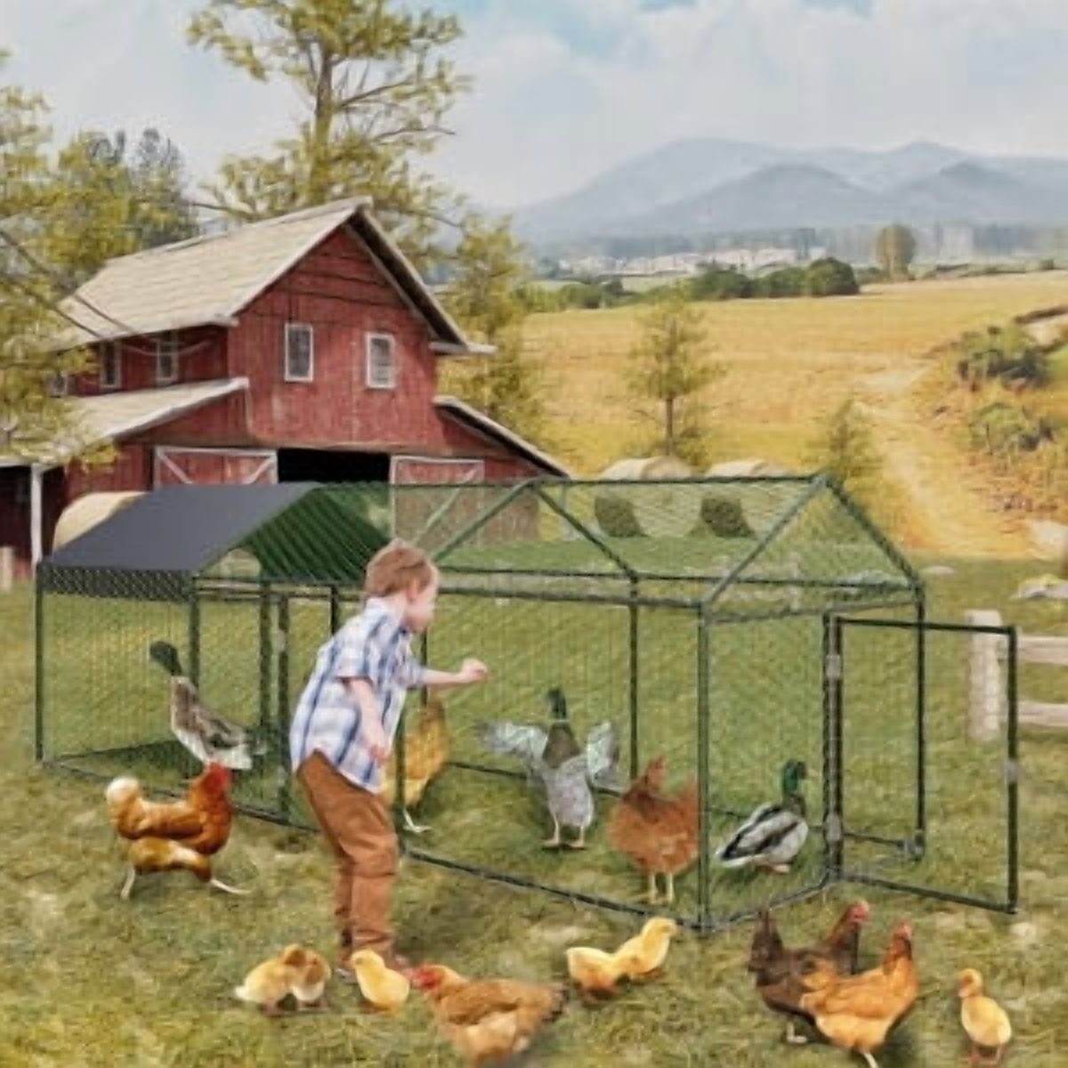Soonbuy Metal ChickenCoop, Large Chicken Run with 3 Doors, Outdoor Hen House for Yard with Waterproof and Anti-UV Cover, Walk in Poultry Cage for Rabbit Duck Goose