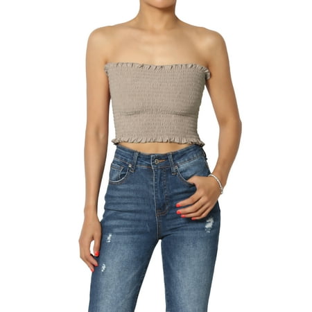 

TheMogan Women s Strapless Frilled Trim Shirred Smock Crop Tube Top Stretch Bustier
