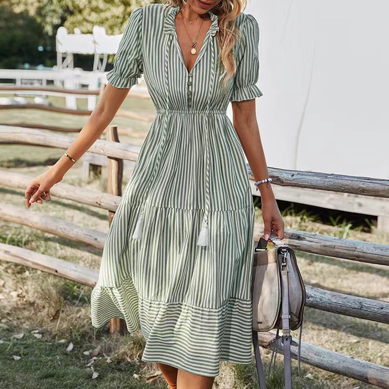 SnnmBlm Women's Summer Ruffle Puff Sleeve Dress Short Sleeve V Neck High  Waist Casual Loose Striped Midi Dresses Army Green 2XL - Walmart.com