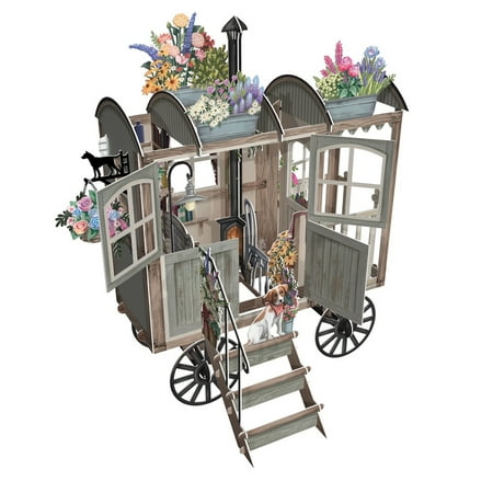 3d Card Present - Paper D'Art Shepherds Hut Cart with Flowers 3D Pop Up Laser Cut Premium Greeting Card