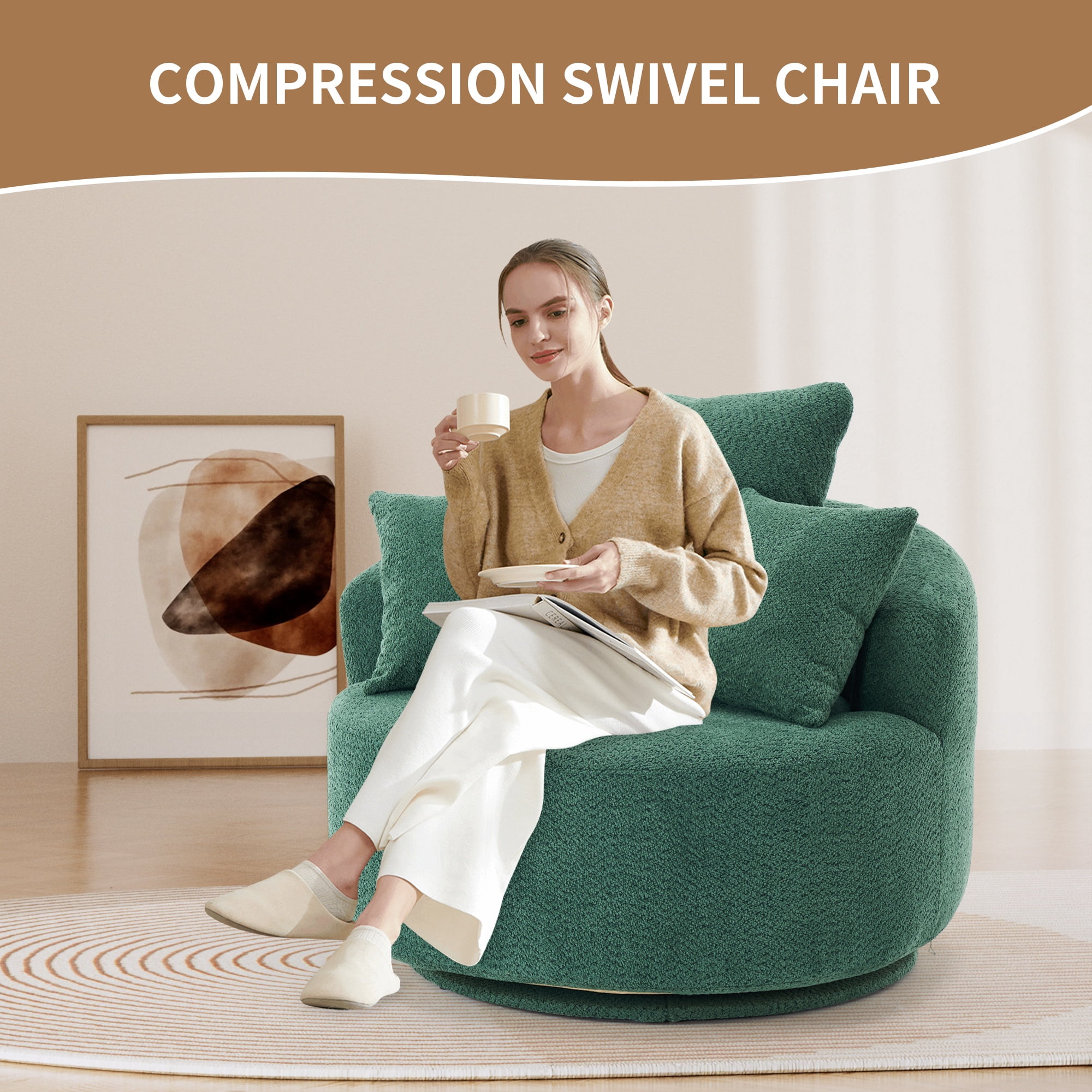 PORKISS Oversized Swivel Accent Chair Barrel Chair, Crochet Yarn Upholstered Armchair with 3 Pillows, Round Armchair Leisure Sofa Chair for Living Room Office Lounge Hotel, Green