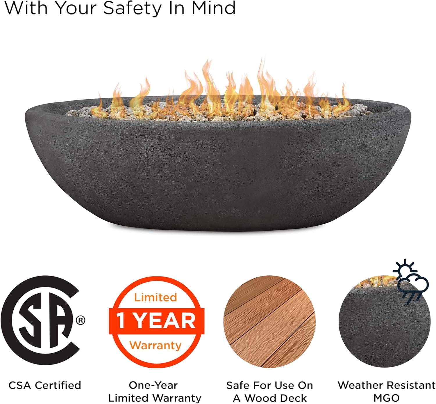 Real Flame Riverside 58" Oval Concrete Propane Fire Pit in Shale