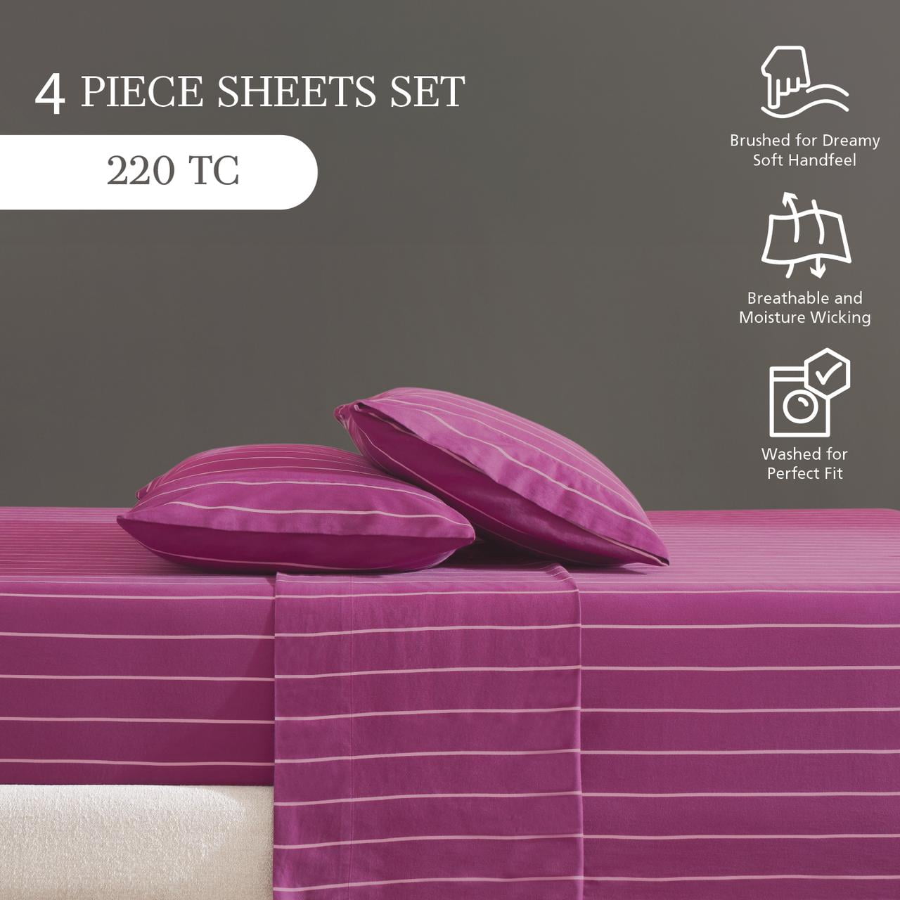 Mainstays 4-Piece 220 Thread Count Maroon and Pink Stripe 100% Peached Cotton Dreamy Soft Bed Sheet Set, Full