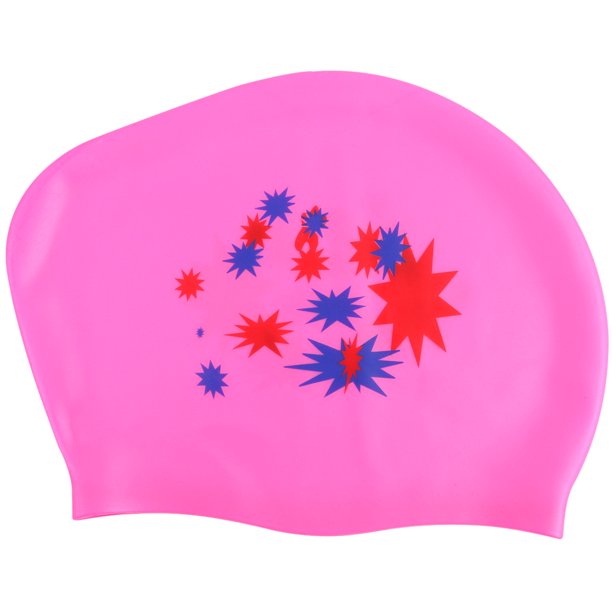 Gorro de natación de silicona con estampado de estrellas, impermeable, para piscina, para cabello largo, con protección para las orejas, para mujer (rosa)