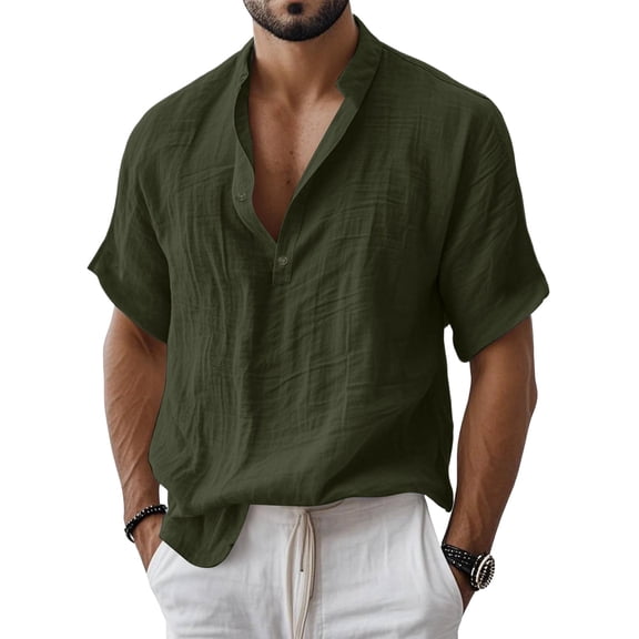 GrmtClth Mens Linen Shirt Short Sleeve Henley Shirts Summer Beach Casual Hippie T-Shirts Button Soft Band Collar Top Army Green 5XL