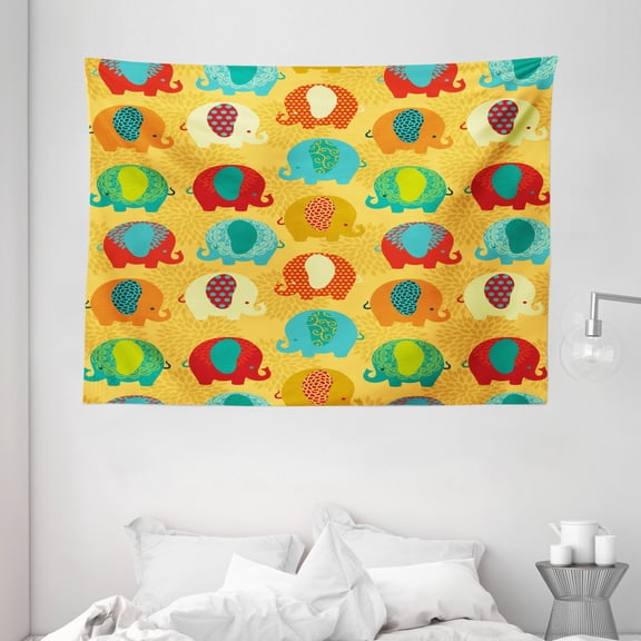 Kids Tapestry, African Elephants with Asian Ornate Details Cartoon Jungle Mammal Thailand Zoo Animal, Wall Hanging for Bedroom Living Room Dorm Decor, 80W X 60L Inches, Multicolor, by Ambesonne