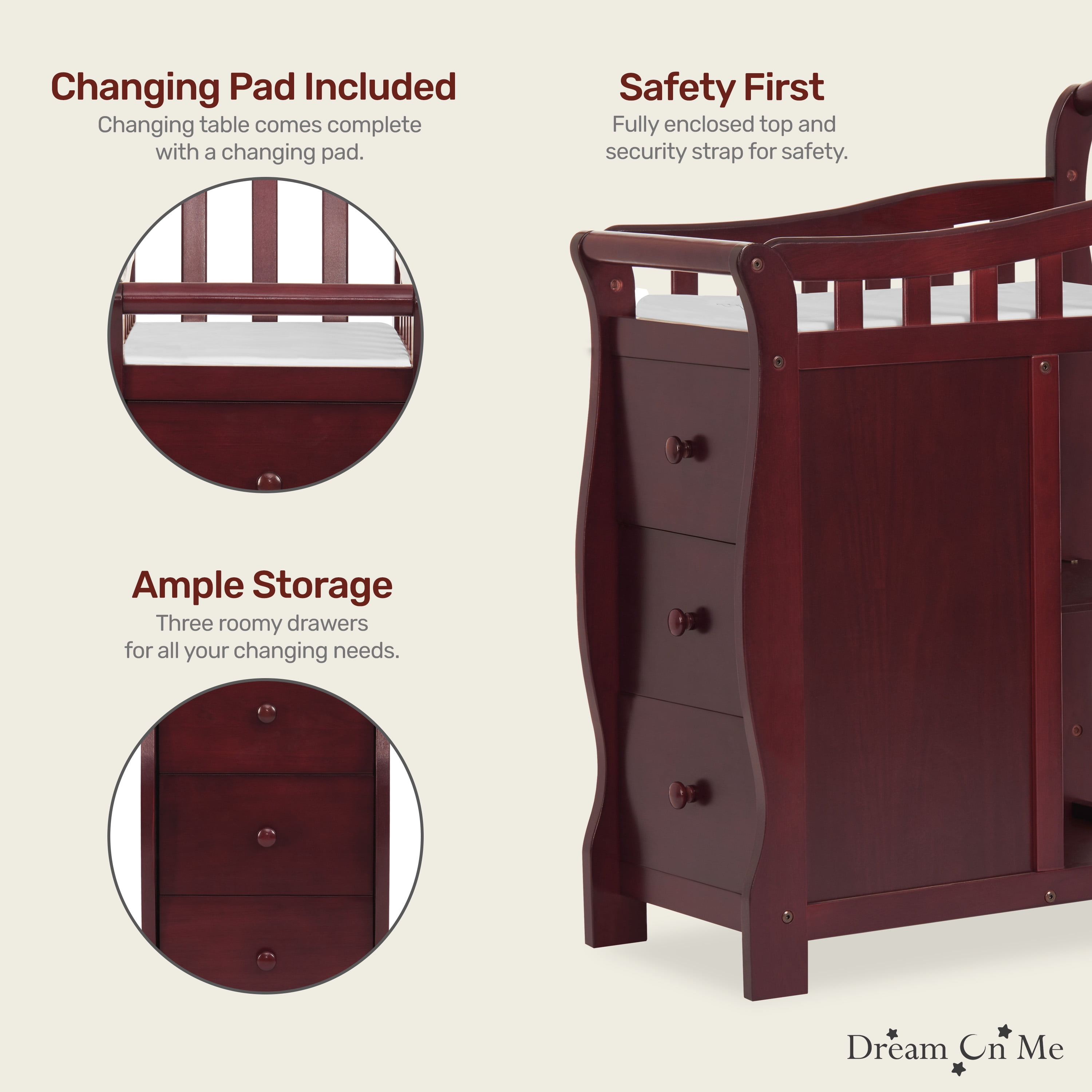 Dream On Me Casco 4-in-1 Mini Crib and Dressing Table Cherry
