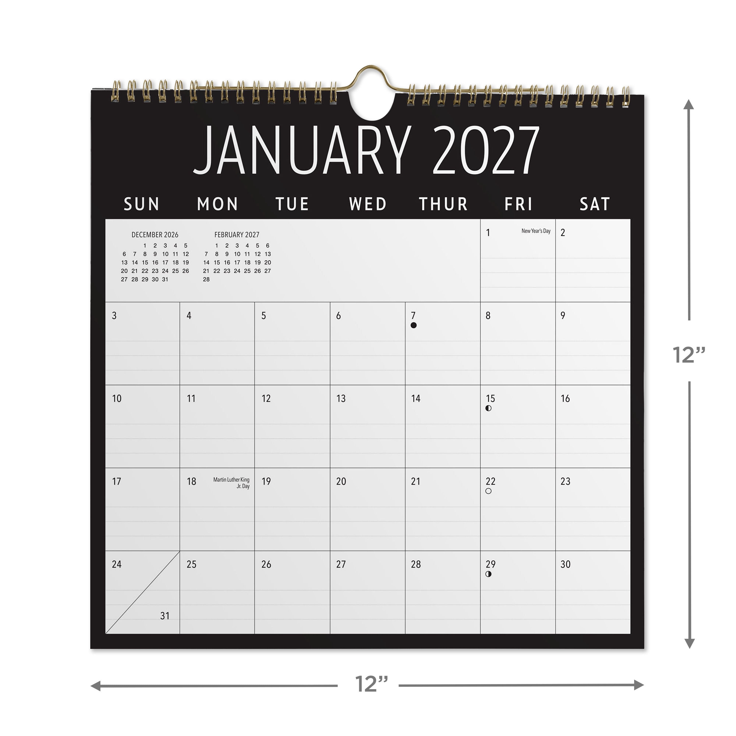 2027 Pen+Gear Black Spiral Calendar 12x12 January-December Gridded