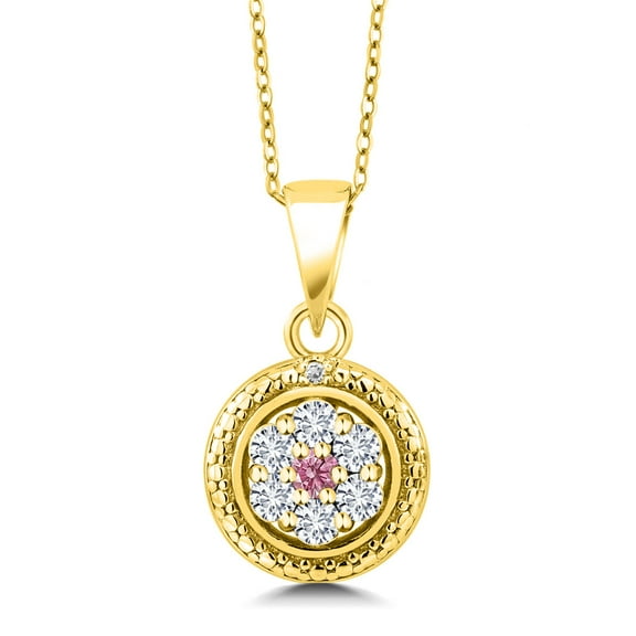 Gem Stone King 18K Yellow Gold Plated Silver White and Pink Lab Grown Diamond Round Pendant Necklace for Women (0.34 Cttw, Gemstone Birthstone, with 18 inch Chain)