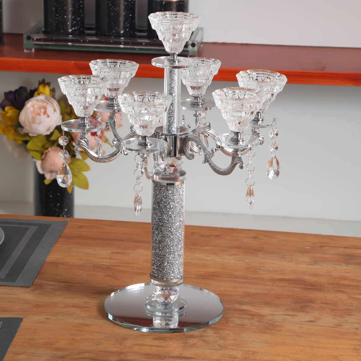 Silver Crushed Diamond Glass Candle Holder with Pendant Holds 7 Candles