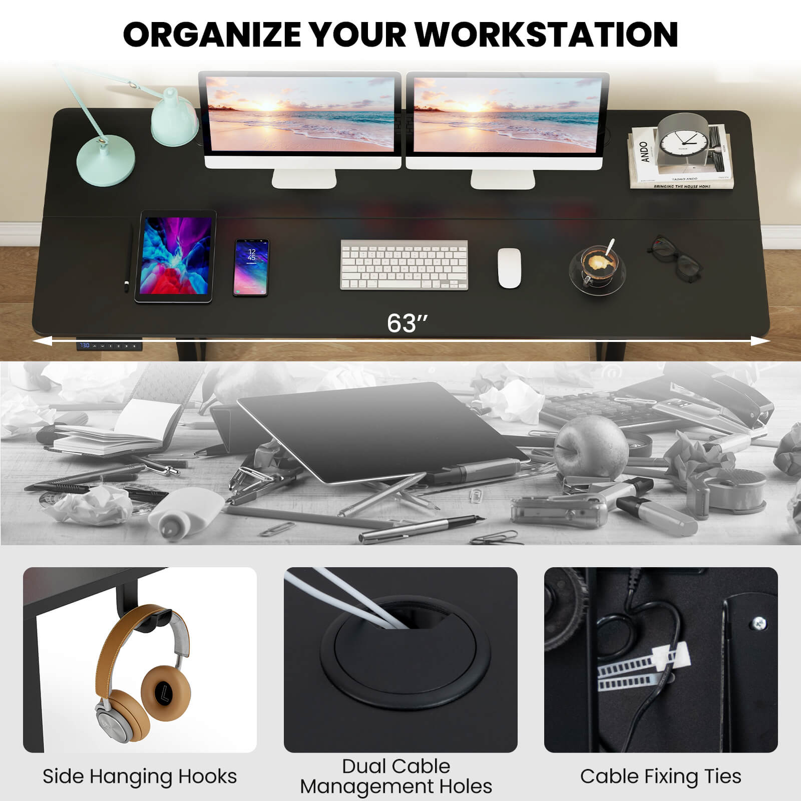 Costway 63 x 24 Inch Sit Stand Desk Height Adjustable Electric Standing Desk Black