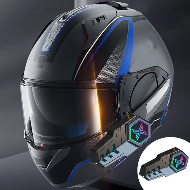casco integral onlyliua para motocicleta con auriculares bluetooth y reducción de ruido Negro — casco integral frontolateral con visera transparente, silueta completa en negro con franjas azules y paneles texturizados; módulo de auriculares Bluetooth visible en la quijada con icono hexagonal, ventilaciones superiores y mentonera definidas; fondo gris neutro. A menudo elegido para viajes diarios y comunicación manos libres durante la conducción.