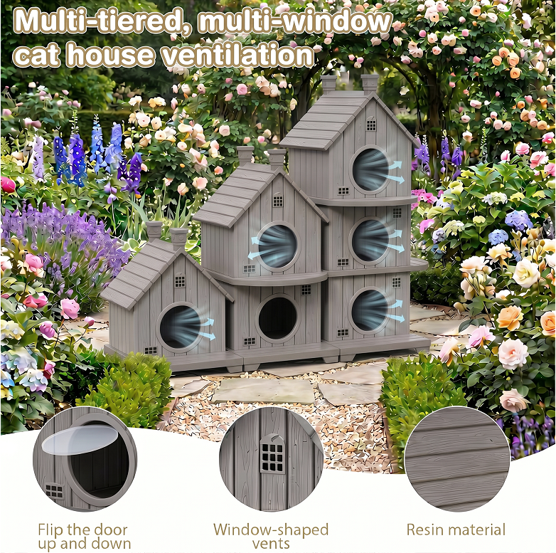 Fazzn Outdoor Cat House with Porch: Weatherproof Insulated Shelter for Cats, Kittens, and Puppies, Including Feral Cats. Features Multiple Entrances, an Elevated Base, and Easy Assembly.Blue/Brown