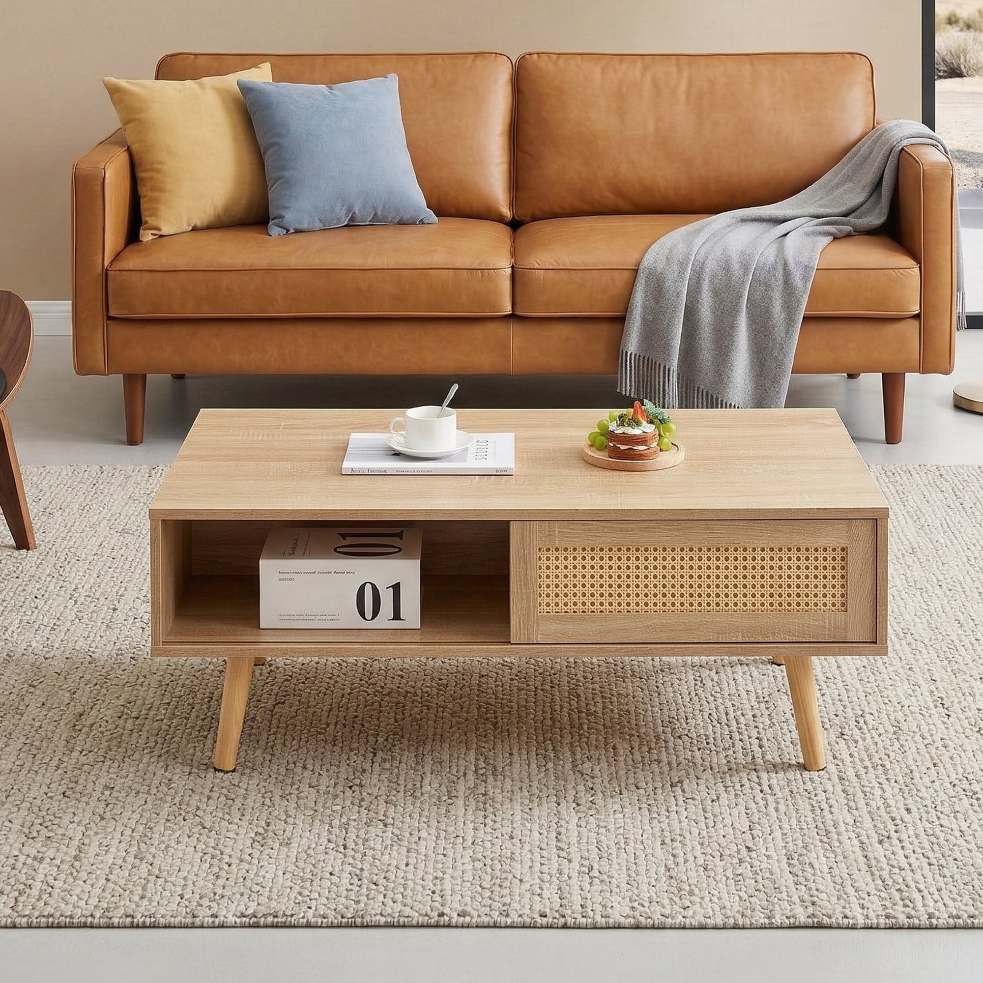 Leumius Modern Coffee Table with Storage,41.3 Inch Rectangle Wooden Accent Center Tables with Sliding PE Rattan Woven Door Panel and Solid Wood Legs, Suitable for Living Room, Apartment,Natural