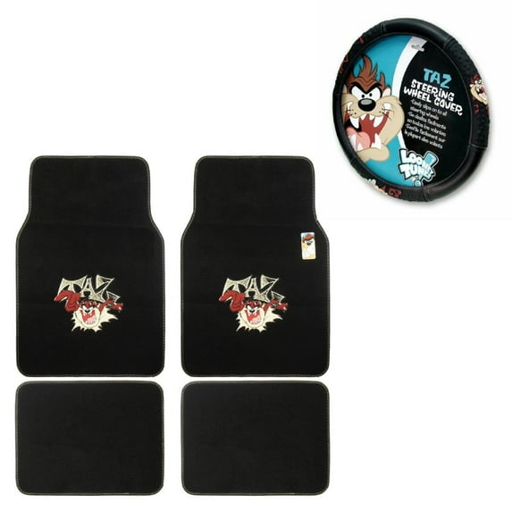 Looney Tunes Taz Tasmanian Devil 4 Piece Carpet Floor Mats with Steering Wheel Cover