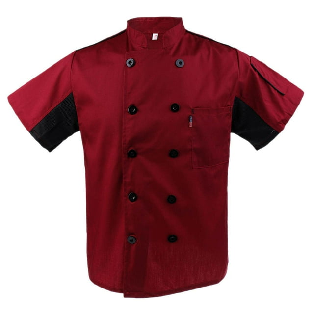 Langgg Hommes Femmes Manches Courtes, Restaurant Chef Veste Cuisine Manteau XL Rouge