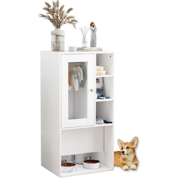 FULLWATT Dog Feeding Station for Automatic Feeder, Dog & Cat Food Storage Cabinet with Hanging Rods, Adjustable Panel, Hidden Automatic Pet Feeder Station for Food and Pet Supplies