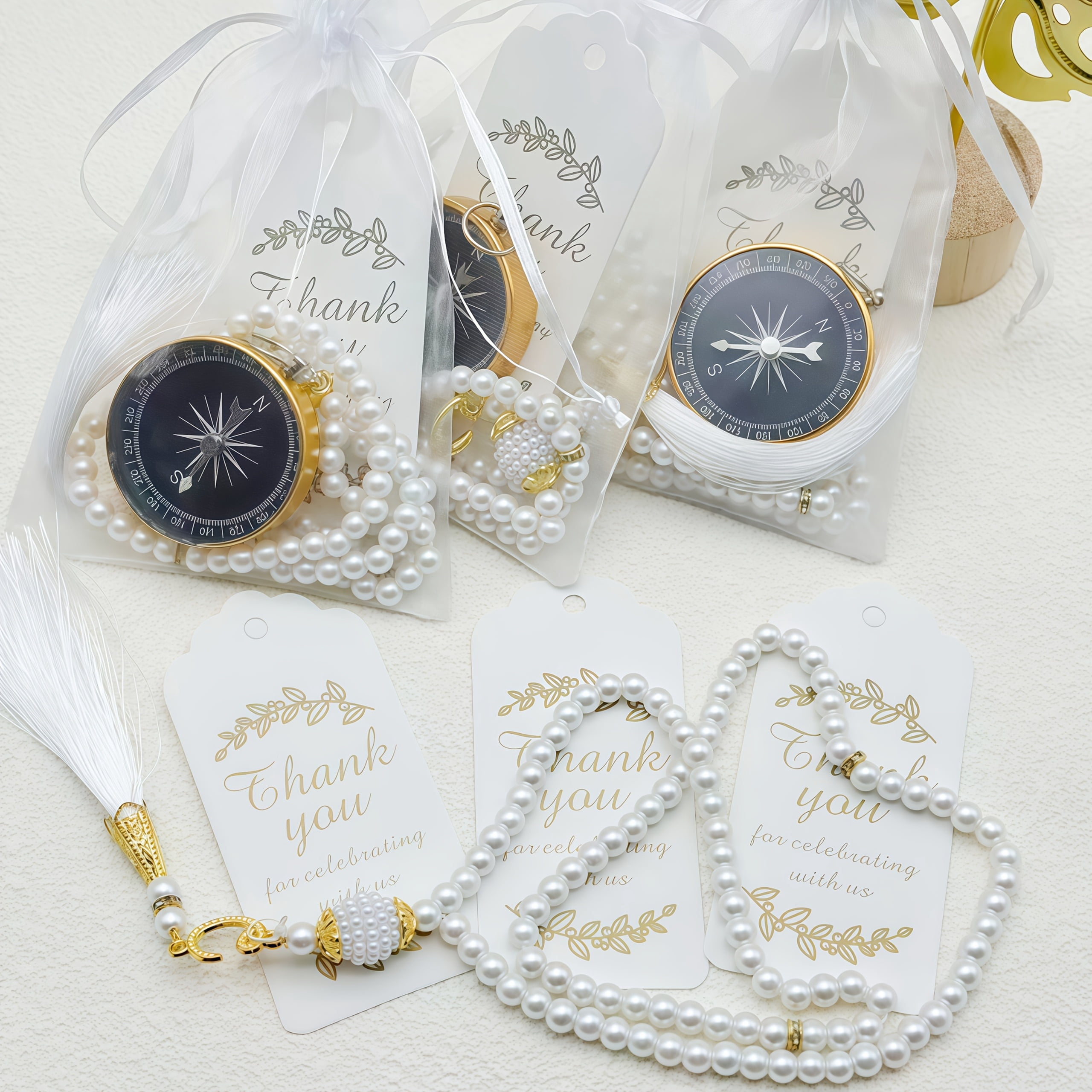 12 Sets Prayer Beads Favor Set, Pearl Beaded Bracelet with Crescent Moon Charm, Thank You Tags and Organza Bags, Baptism Religious Celebration Gift Supplies for Wedding Party Guests