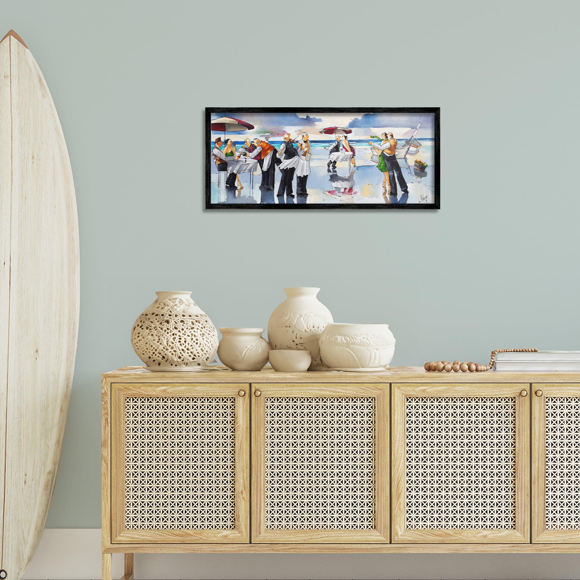 Stupell Industries Fancy Dinner on Beach Novelty Painting Black Framed Art Print Wall Art, 30 x 13