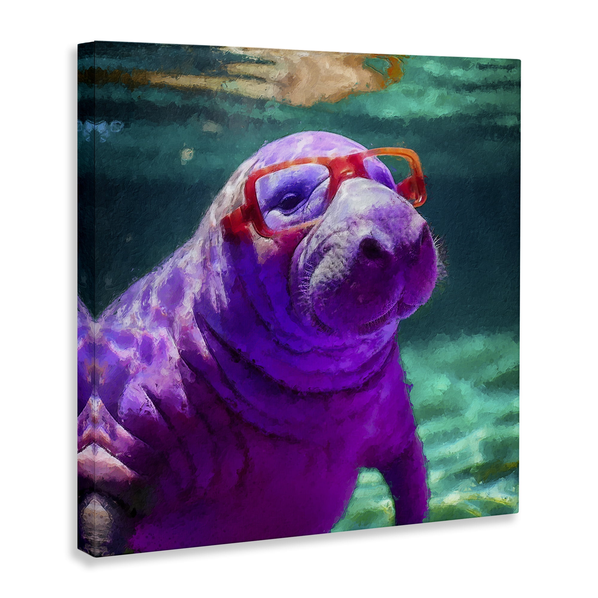 Stupell Industries Manatee with Glasses Animals & Insects Painting Gallery Wrapped Canvas Art Print Wall Art, 17 x 17