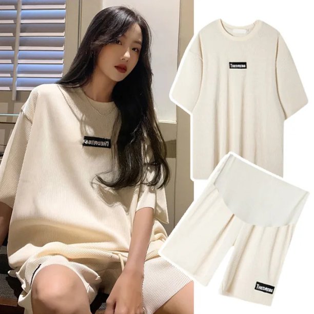 Conjunto de ropa de maternidad, pantalones cortos de manga corta, finos, sueltos, a la moda, para verano, conjunto de dos piezas, ropa de maternidad cómoda
