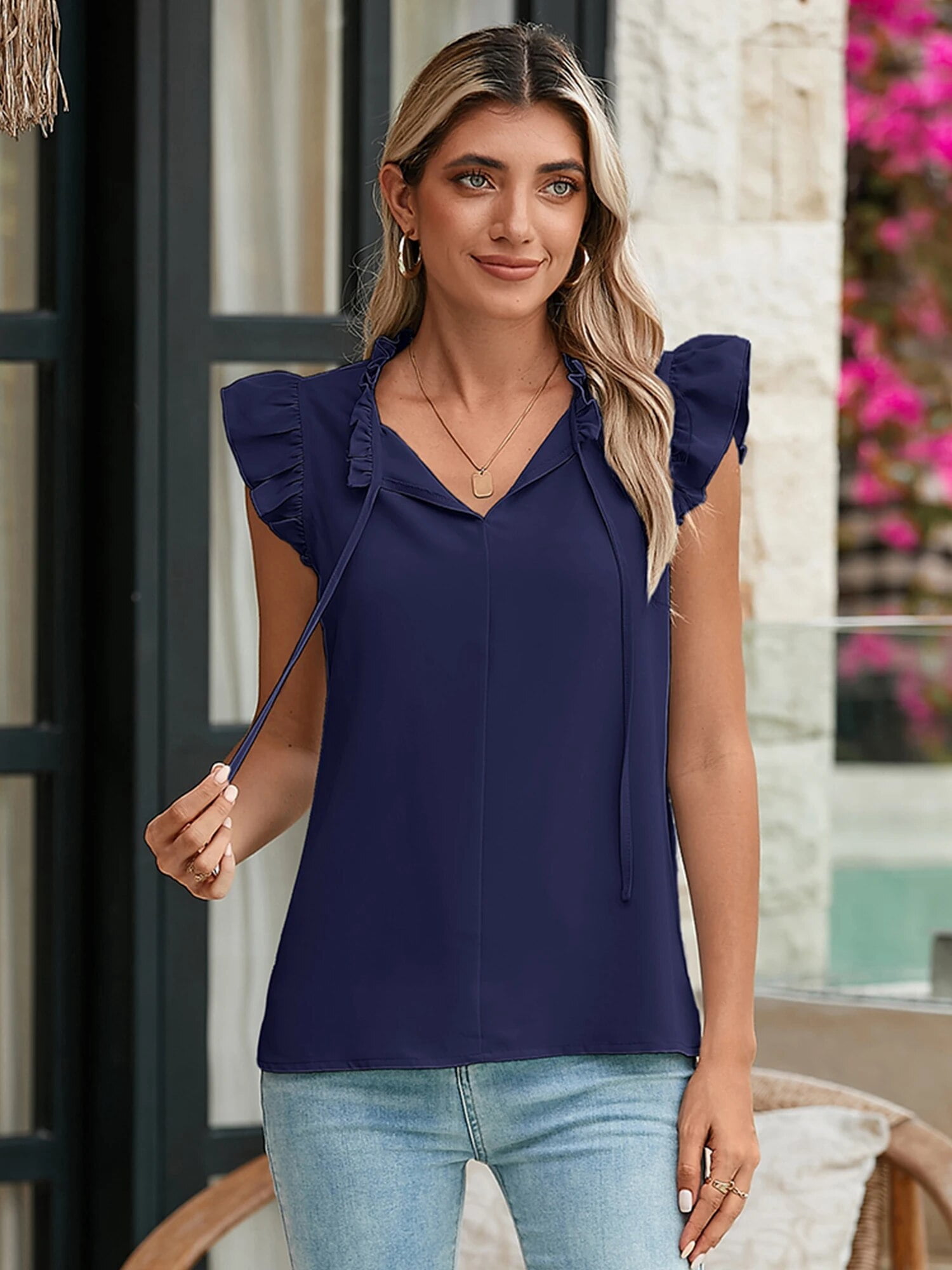 navy blue ruffle top