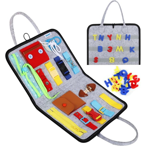 Tablero ocupado para niños pequeños, tablero sensorial para habilidades motoras finas, juguetes Montessori actividades para niños pequeños para viajes, coche (gris)
