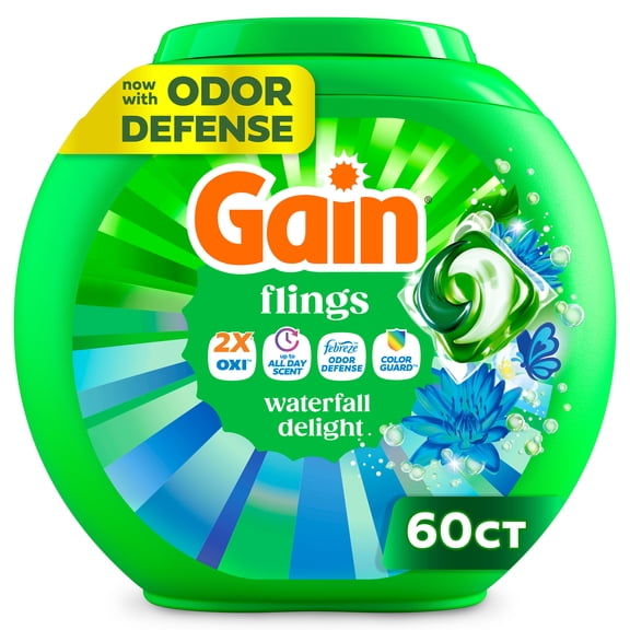 Gain Flings Laundry Detergent Soap Pacs, 4-in-1 Oxi Boost and Febreze, Waterfall Delight Scent, 60 Count