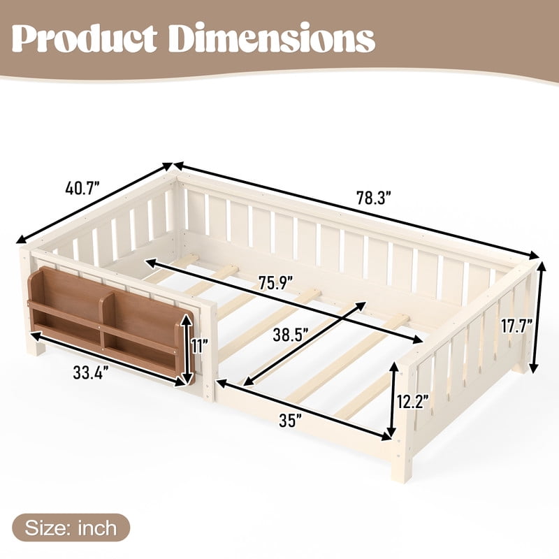 URTR Twin Size Montessori Floor Bed with Storage Bookshelf and High-Quality Safety Guardrail, Wooden Twin Floor Bed Frame, Wooden Platform Bed, Low Profile Twin Bed with Fence and Headboard, Beige