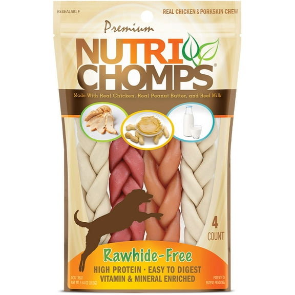 Nutri Chomps Premium Rawhide-Free Braided Dog Chews, Chicken, Peanut Butter & Milk Flavor, 6 Inch, 4 Count
