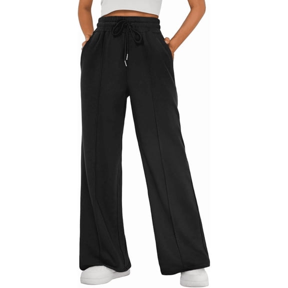 NICELF Womens Wide Leg Sweatpants | High Waisted Baggy Sweatpants for Woman | Comfy Cotton Blend Joggers with Pockets and Drawstring, Black