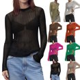 thumbnail image 2 of Top transpirable de cuello redondo y manga larga de color sólido de primavera y verano de estilo europeo y americano para mujer, 2 of 6