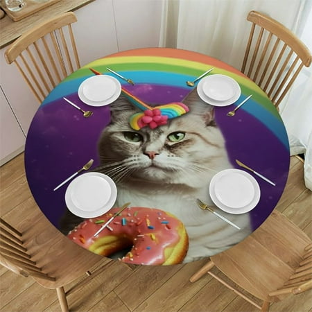 

YANMS Cute Cat Round Table Cover Full Width Single-sided Printing 100% Polyester Fiber Mother s Day Home Decoration 54-58