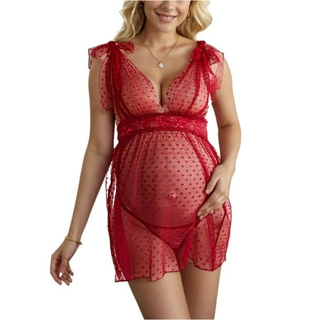 Miluxas Women s Maternity Pajama Clearance Polka Dots Deep V Neck Mesh Babydoll Nightgown Red L(L)