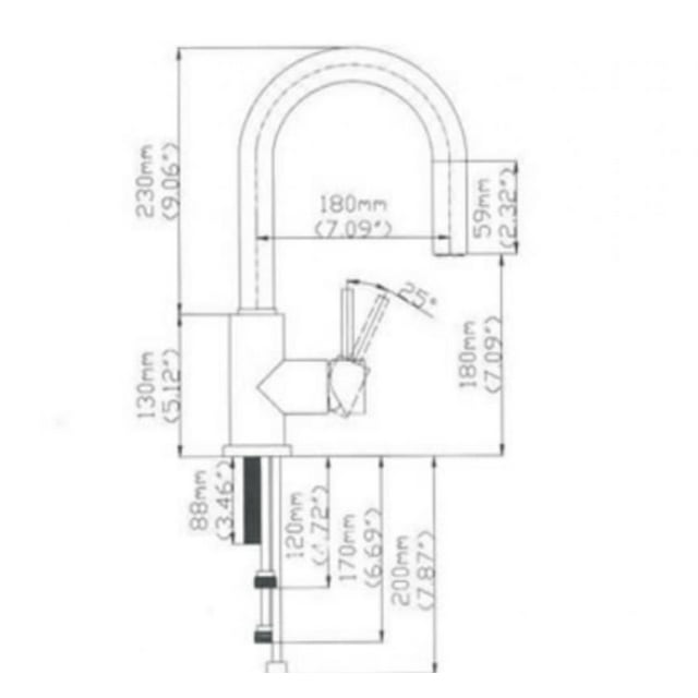 American Imaginations 1 Hole CSA Approved Stainless Steel Faucet In Gold Color AI-34630 technical drawing showing kitchen faucet dimensions including 230mm height, 180mm spout reach, 130mm base height, 25-degree handle angle, and single hole installation design.