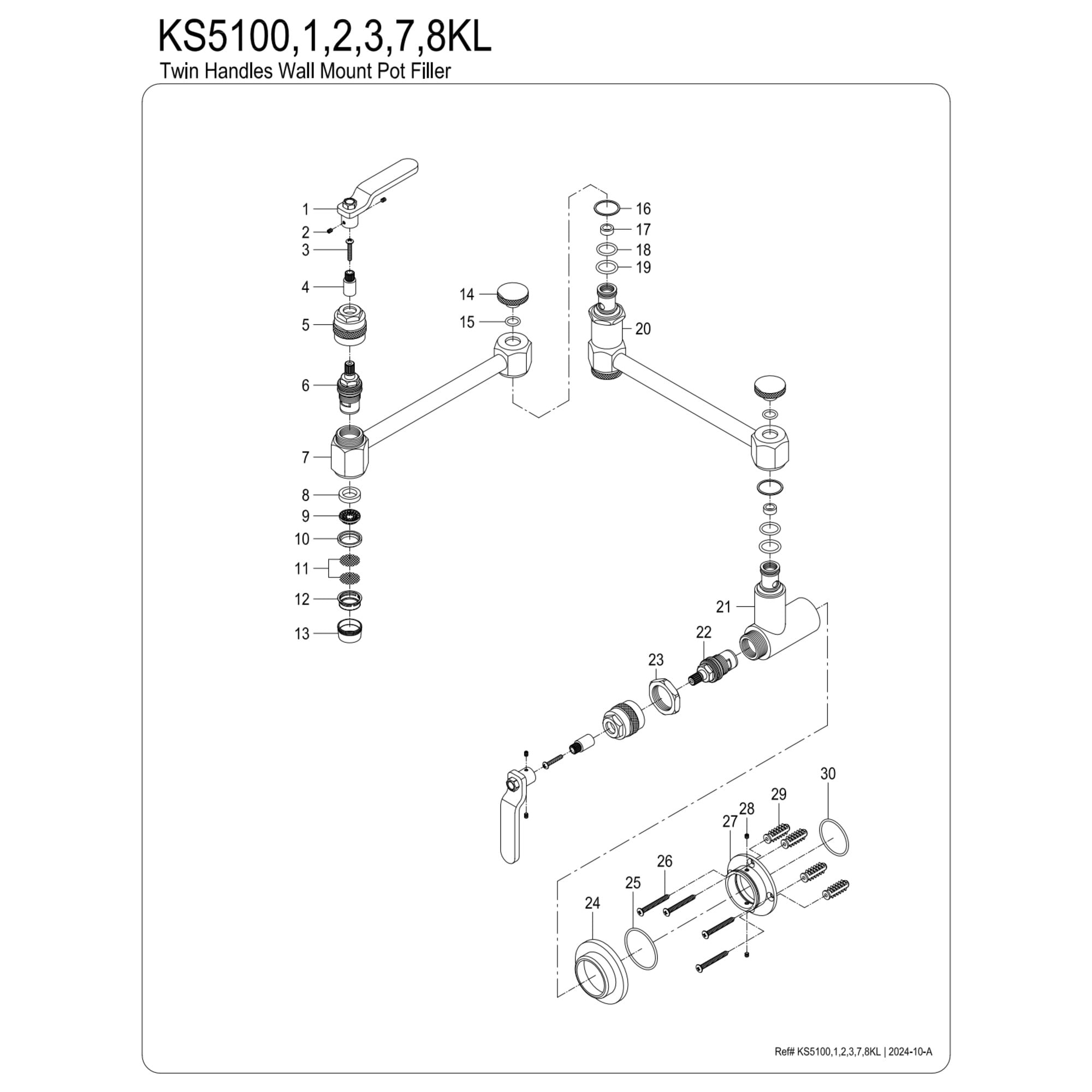 Kingston Brass KS5108KL Whitaker Two-Handle 1-Hole Wall Mount Pot Filler Faucet in Brushed Nickel
