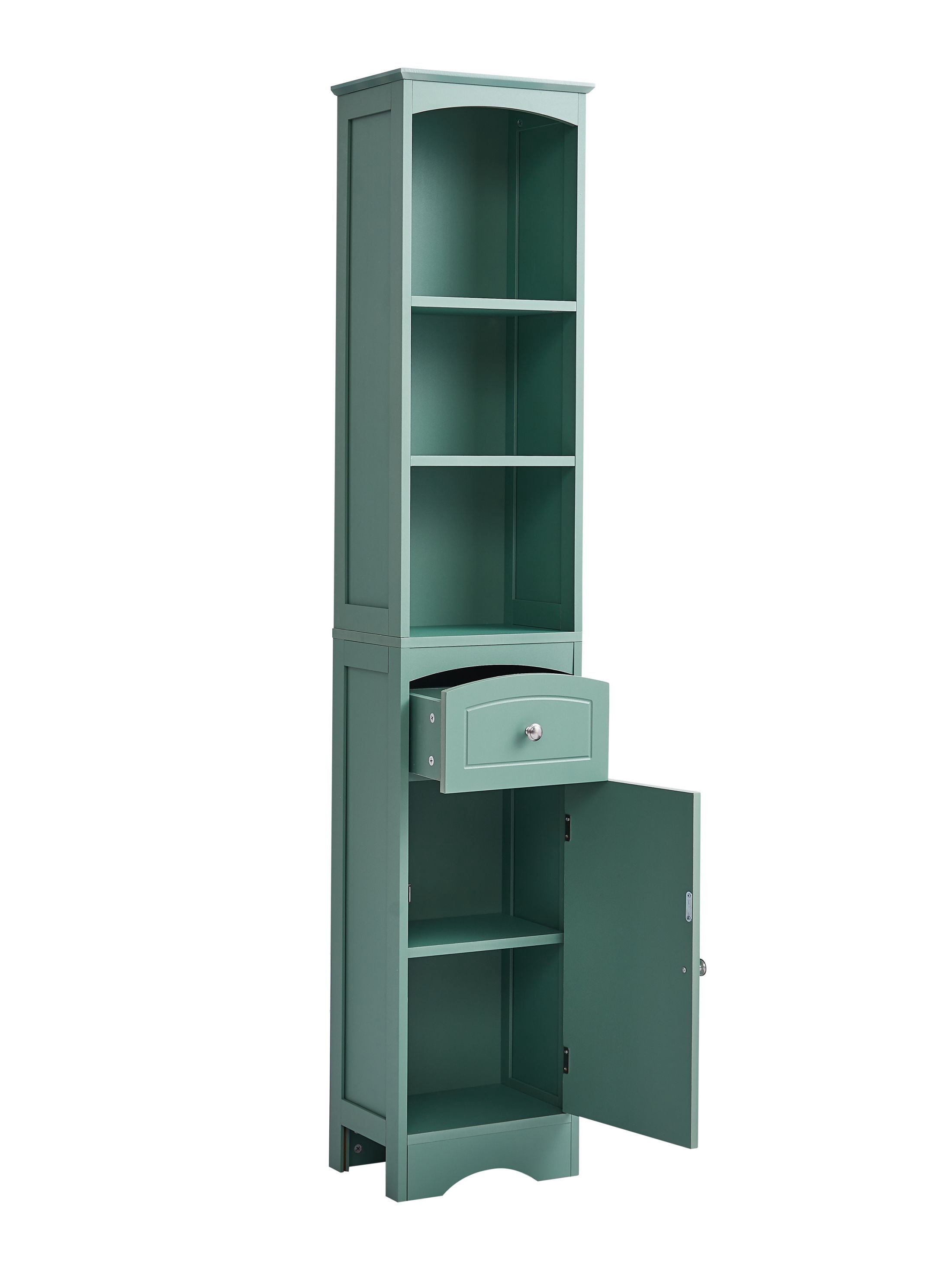 AENKYO Bathroom Cabinet with Adjustable Shelves, High Storage Cabinet with Open Spaces and Drawer, Green