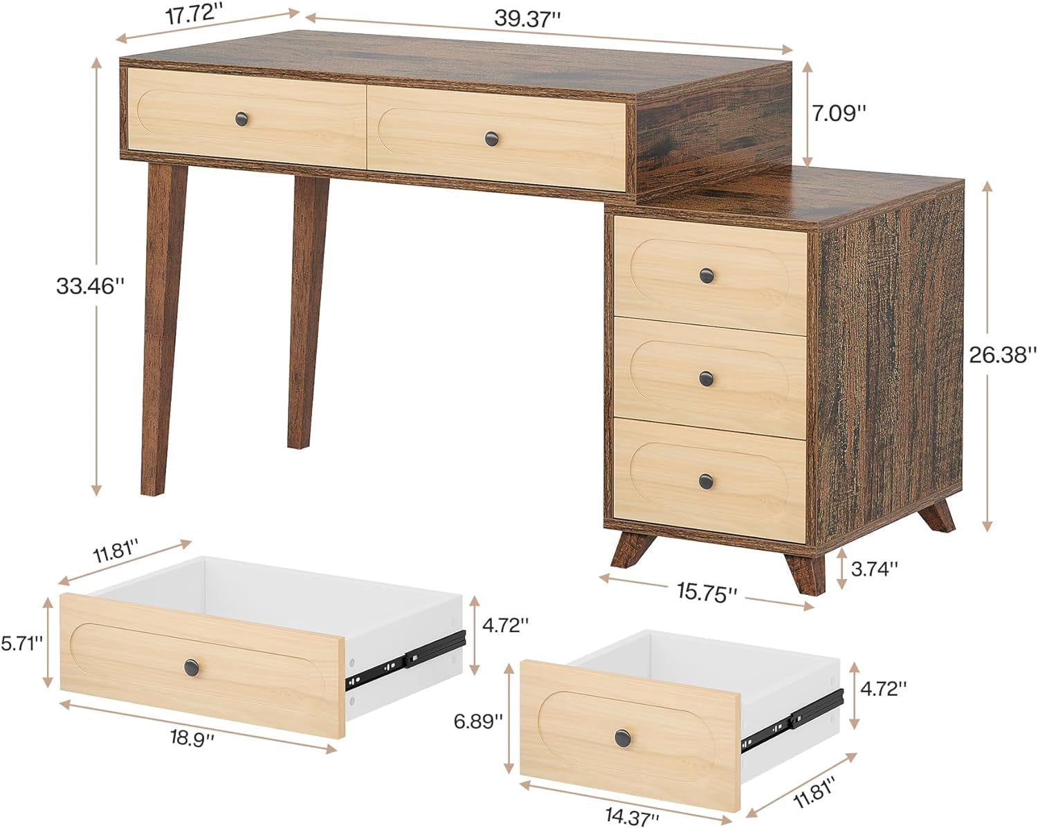 Tribesigns Computer Desk with 5 Drawers, 51-Inch Home Office Desk with Reversible Drawer Cabinet, Farmhouse Study Writing Table Workstation with Storage for Small Spaces