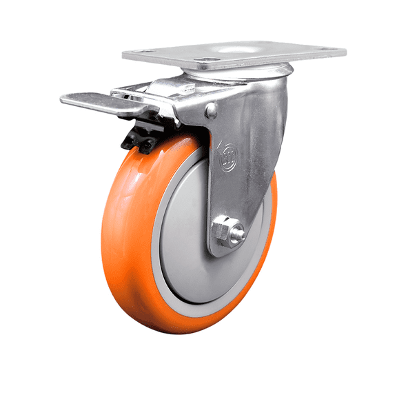 5 Inch Orange Polyurethane Wheel Swivel Top Plate Caster with Total Lock Brake