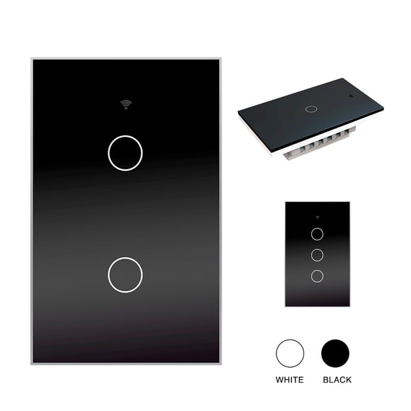 Interruptor de luz de pared inteligente WIFI 2 vias apagador inteligente Smart Switch, control remoto vía celular, panel táctil de vidrio o voz con Alexa, Google home y Smart Life Happy Life Interruptor Inteligente Wifi 2 switches Negro