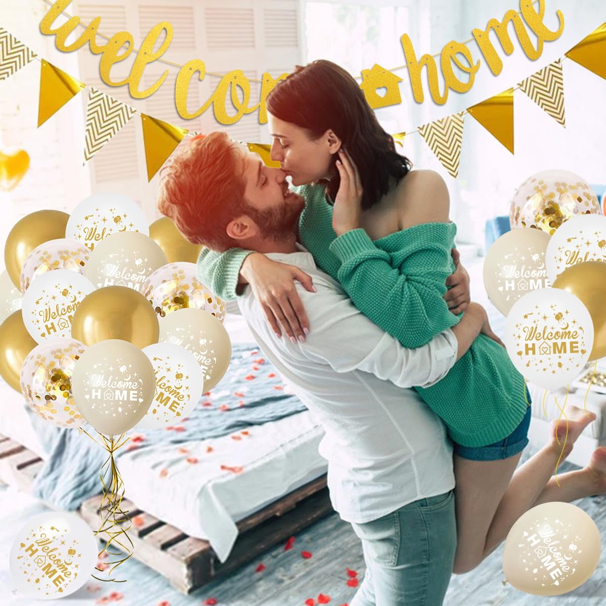 Welcome Home Banner Ballon Set: Goldene Folienballons Mit Herz Für Willkommens-Deko