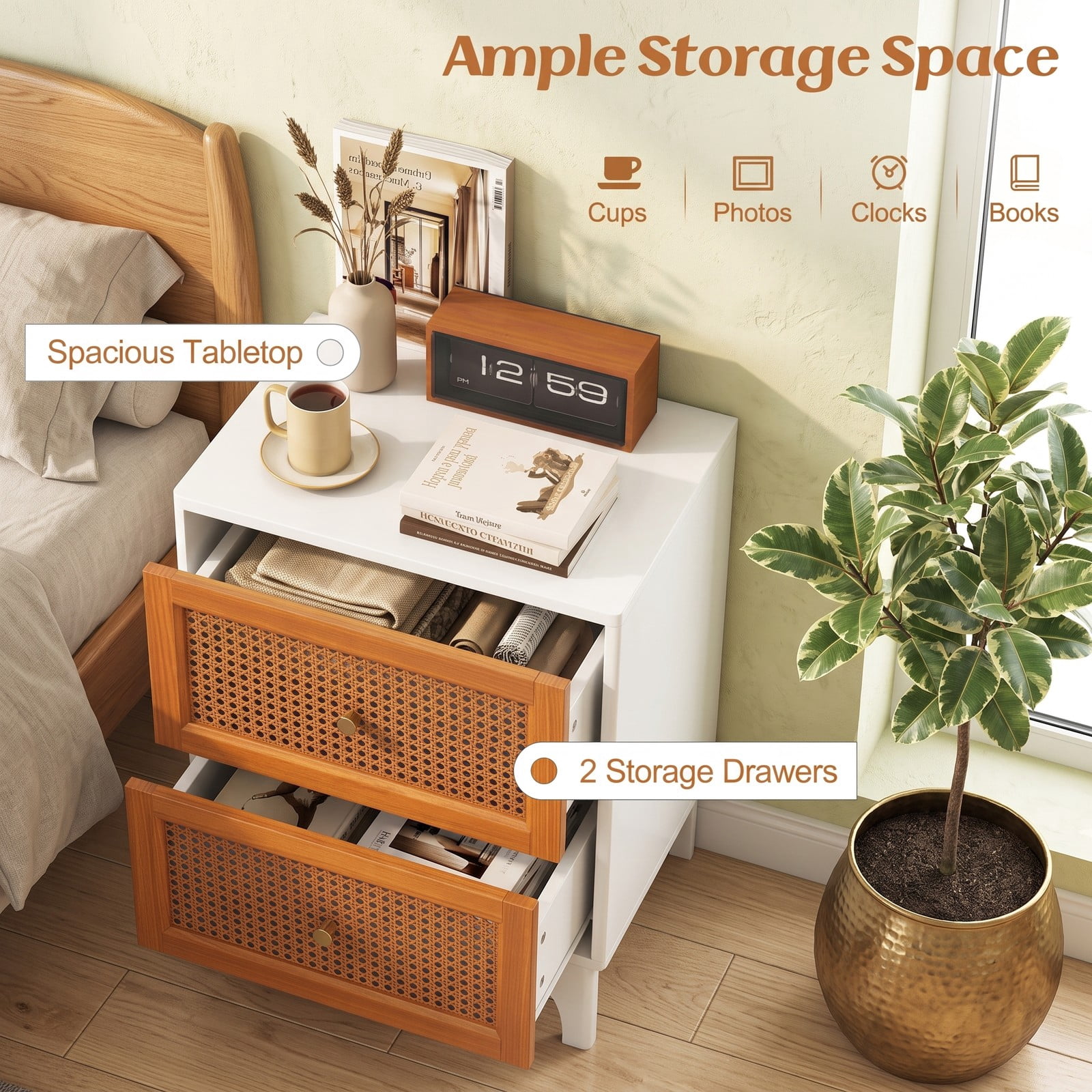 Furnibear Boho Accent Nightstand with 2 Handwoven Rattan Drawers and Solid Wood Legs plus Golden Knobs for Bedroom, White