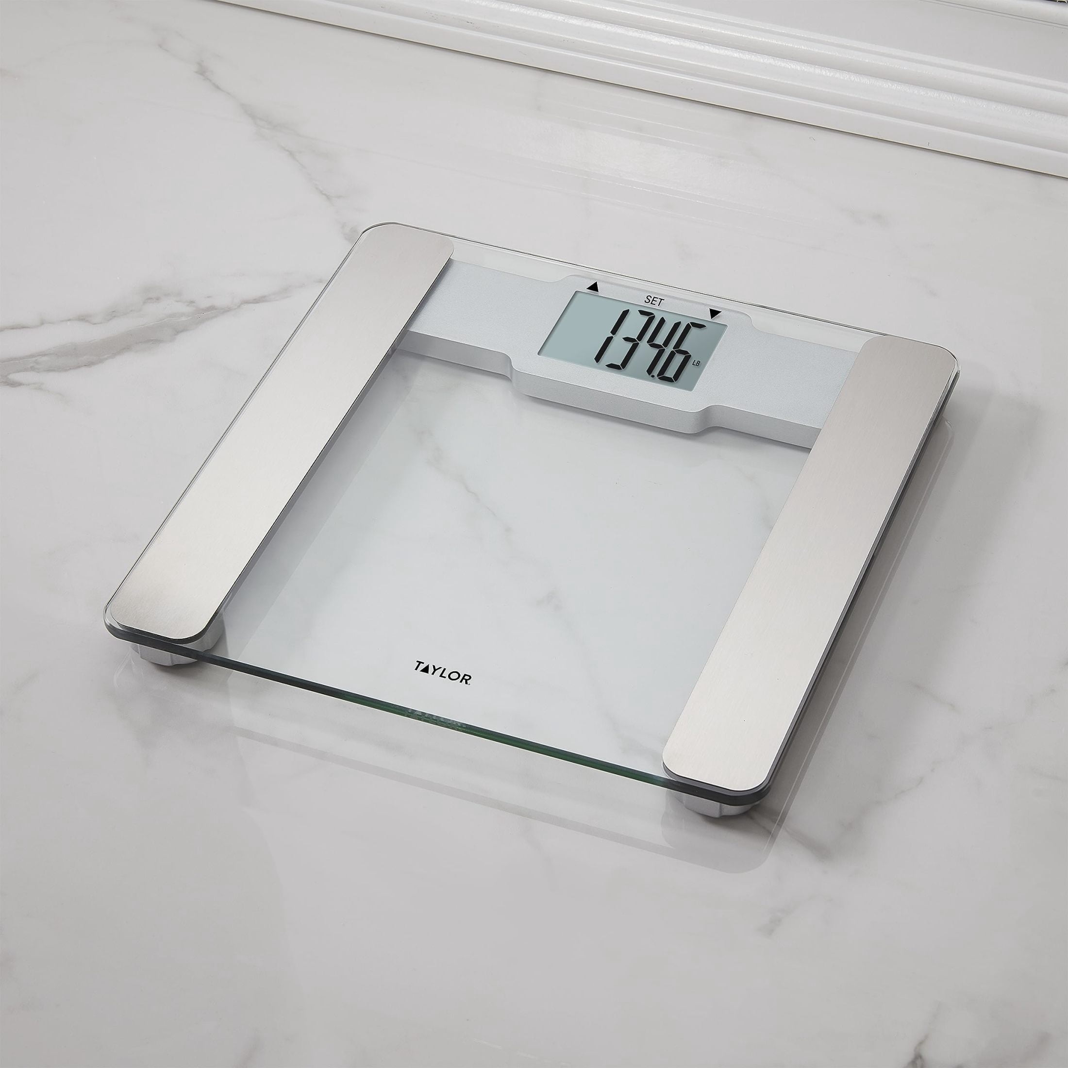Taylor Digital Body Composition Bathroom Scale – 11.8" Tempered Glass Platform, 400 lb Capacity Weight Monitor with Athlete Mode, 6 User Recognition & Body Analysis Features (Clear)