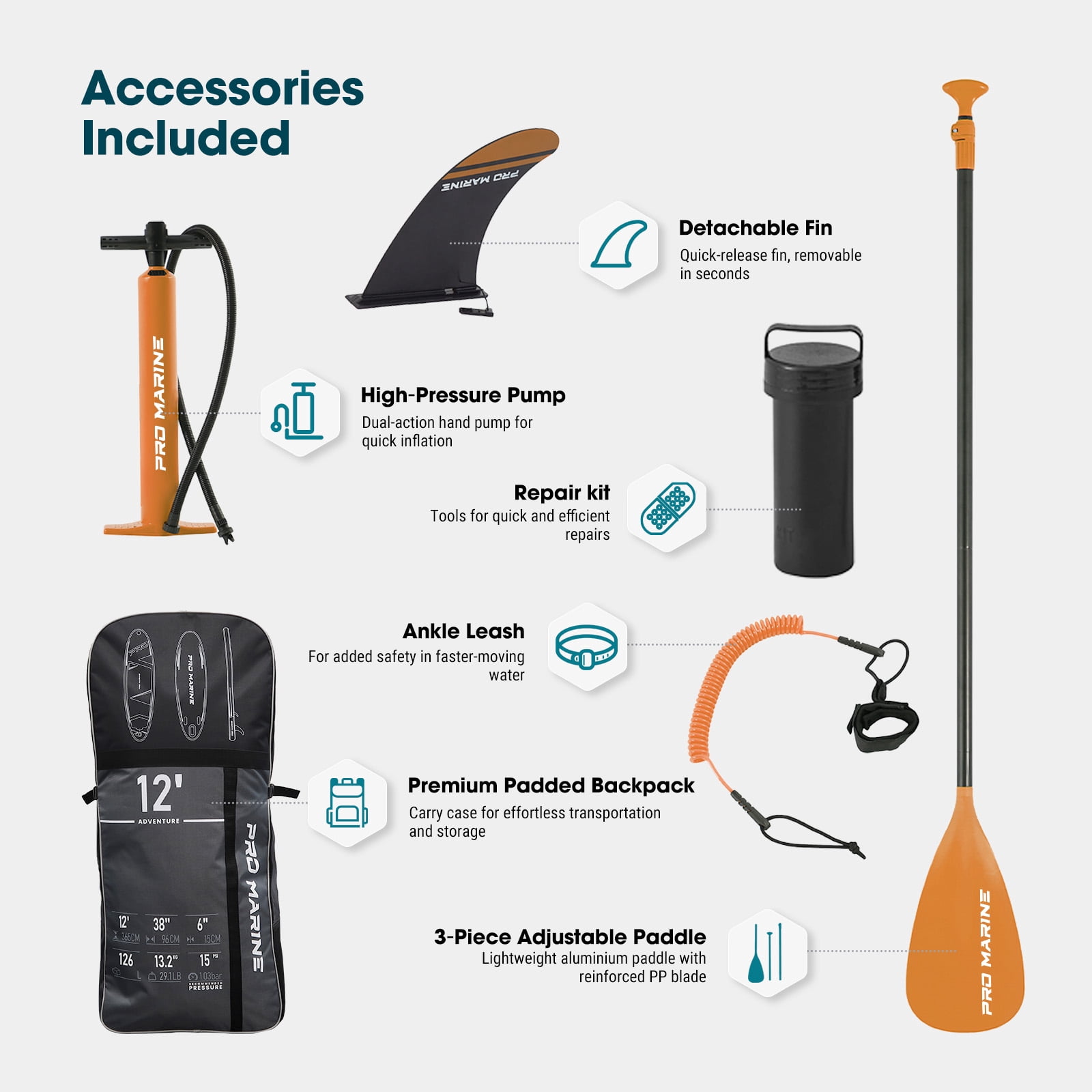 PRO MARINE 12' Inflatable Stand up Paddle Boards Adjustable Paddle SUP Carry Bag & Fast Pumping Orange