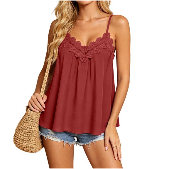 Fewfanhot Women's Lace Trim V-Neck Camisole Tank Top, Spaghetti Strap Casual Summer Flowy Blouse, Sleeveless Loose Fit Cami, S-3XL