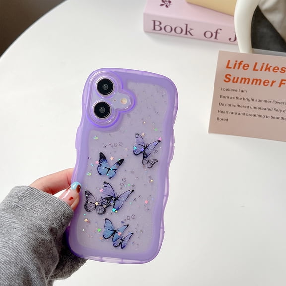 Butterfly Case For iPhone 16, Cute Aesthetic Wavy Curly Frame, Glitter Bling Sparkle Clear Rubber Cover, Shockproof Protective Hybrid Soft TPU Slim Shell for Women Girls,Purple