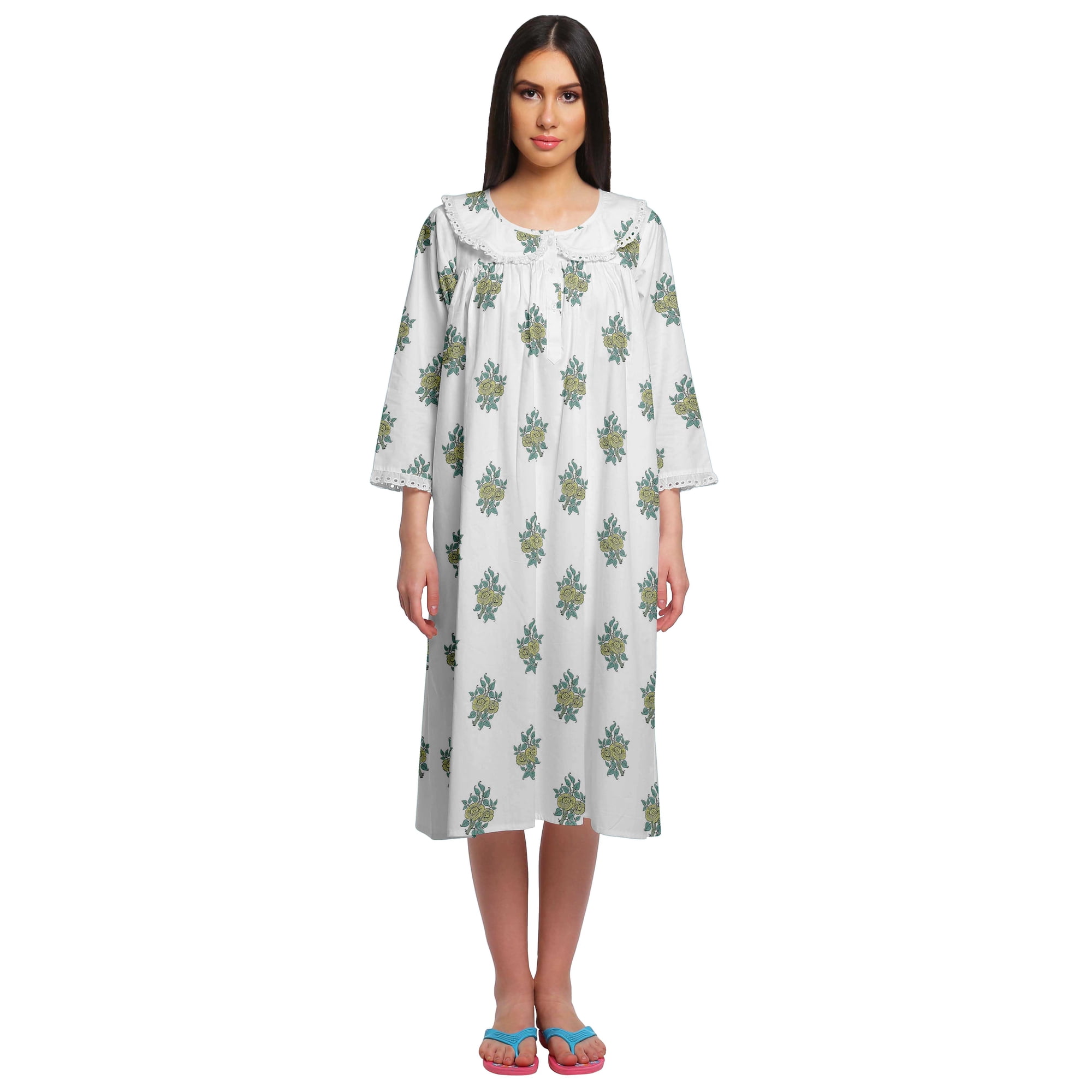 Moomaya Button Placket Knee Long Nightdress For Women Printed Nightwear