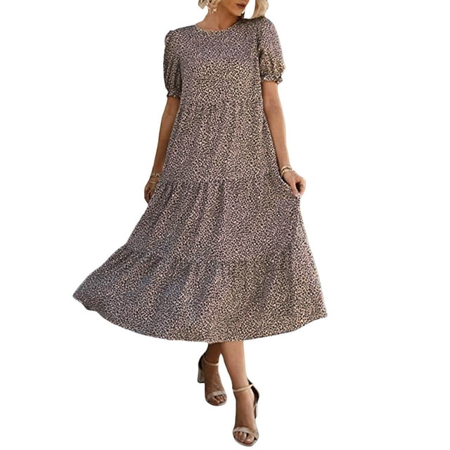 xiaxaixu Robes d'Été pour les Femmes en Vrac Midi Manches Courtes O Cou une Ligne Robe Dot / Léopard Imprimer Mignon Robe