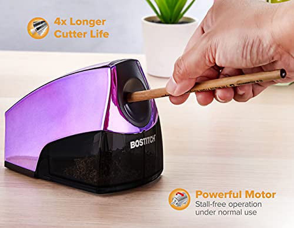Bostitch Personal Electric pencl Sharpener, Powerful Stall-Free Motor, High Capacity Shavings Tray, Metallic Purple